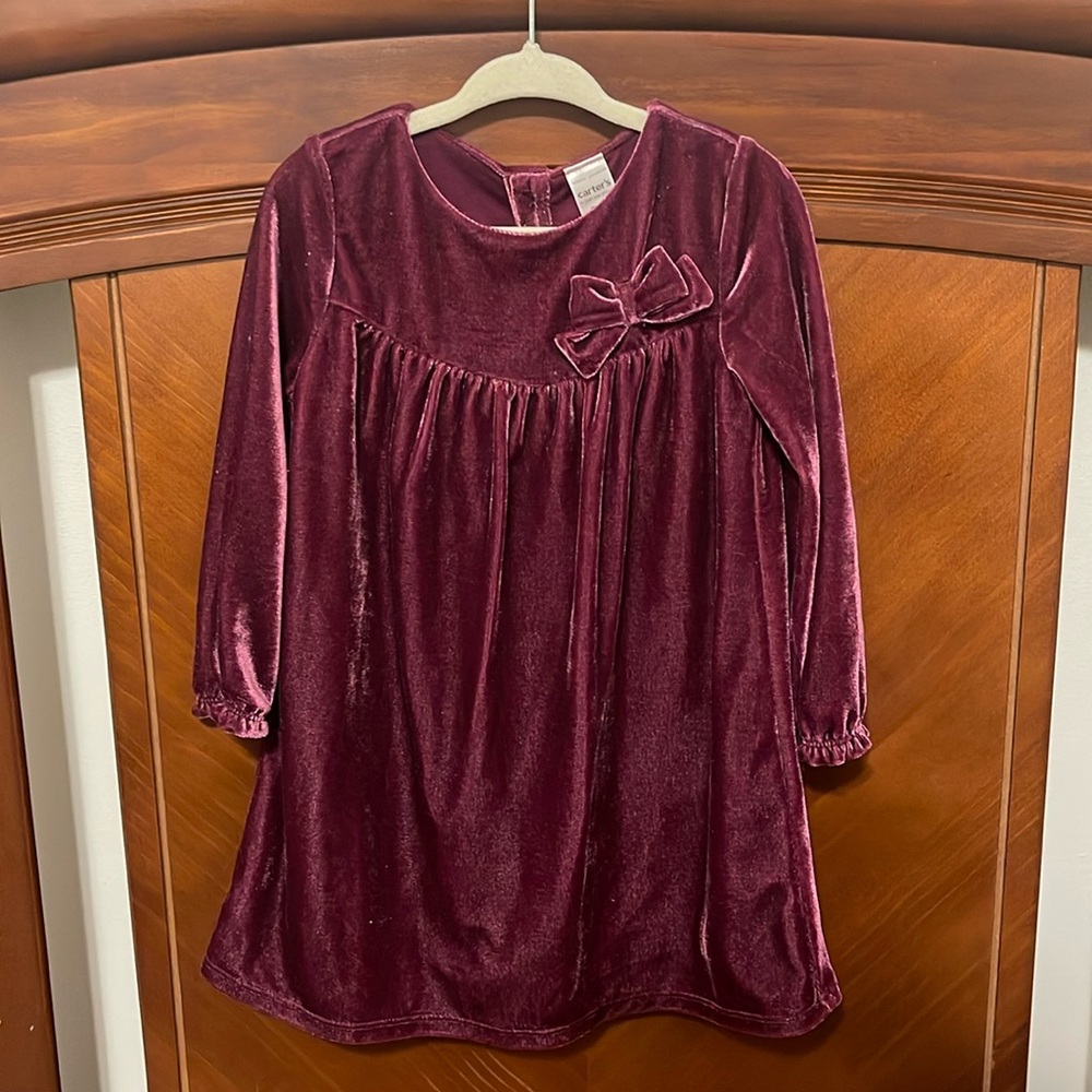 Carter's Burgundy Velvet Long Sleeve Dress with Bow